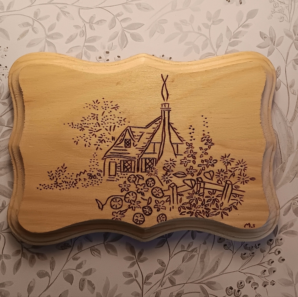 Wooden Plaque with Cottage Engraving